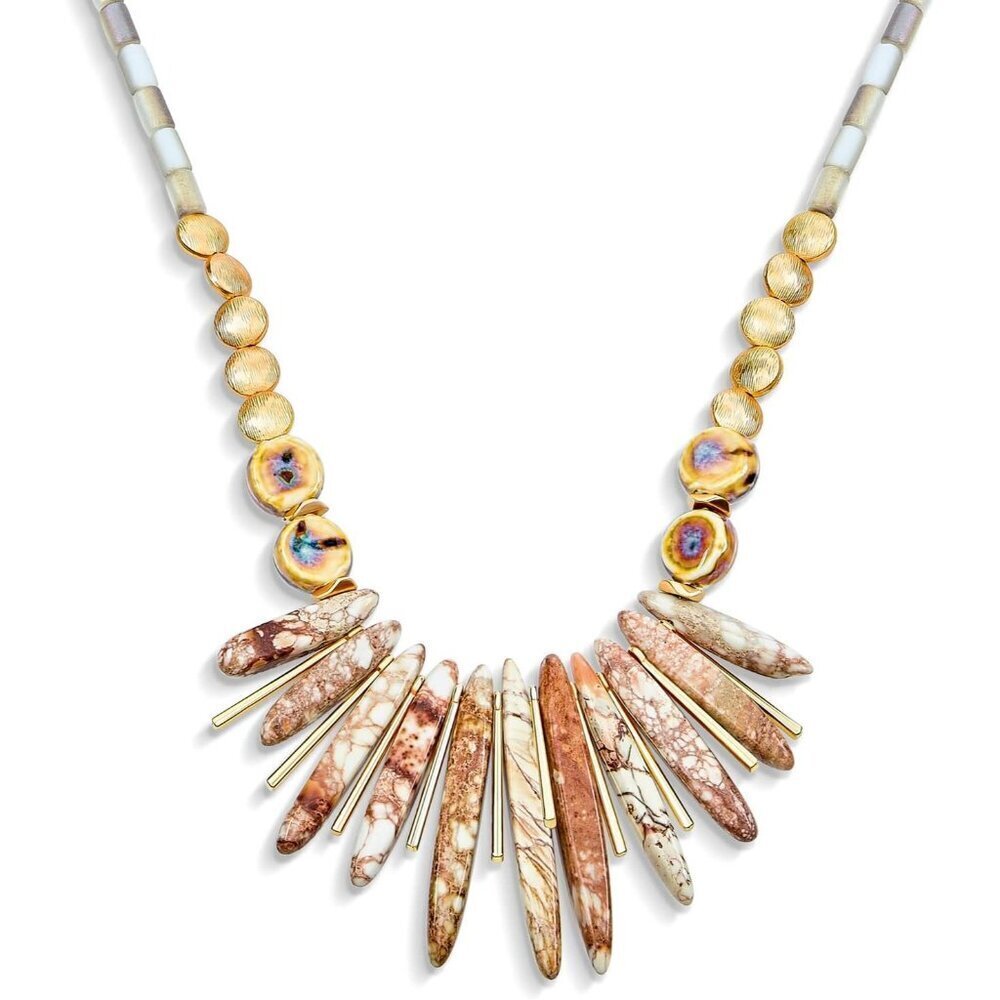 Women Cream Western Collar Choker Necklace Faceted Bead Stone Bib Fan Jewelry